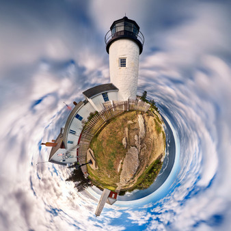 360 panorama of Pemaquid Point Lighthouse in the afternoon, encapsulating the coastal scene in a circular frame of sea, rock, and sky