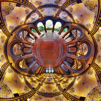 A 360-degree panoramic spherescape of Bethesda Terrace after sunset, featuring vibrant mosaics and a busker playing guitar, encased in a sphere of art and history.