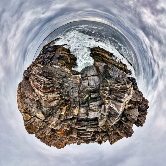 360-degree panoramic Spherescape of the Giants Stairs in Bailey Island, Maine, showcasing the dramatic cliff formations surrounded by swirling sea and sky, in a palette of ocean blues, slate grays, moss greens, and earthy browns