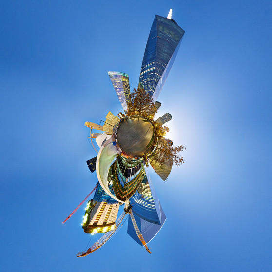A 360-degree panoramic Spherescape featuring the Freedom Tower in NYC's Financial District, with surrounding buildings and sky, forming a globe with the tower rising at its pinnacle.