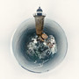 Aerial 360 panorama featuring Whaleback Light near Kittery, Maine, where the lighthouse stands solitary amidst the circular embrace of the sea and sky