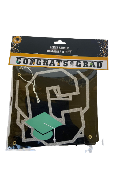 Congrats Grad  Letter Banner Black and Sliver