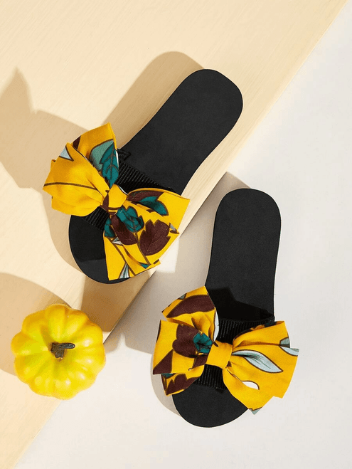 Open Toe Yellow Bow Decor Sliders