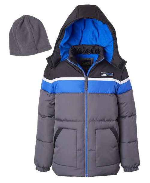 Big Boys Color Blocked Charcoal Puffer Jacket With Fleece Hat Set, 2 Piece