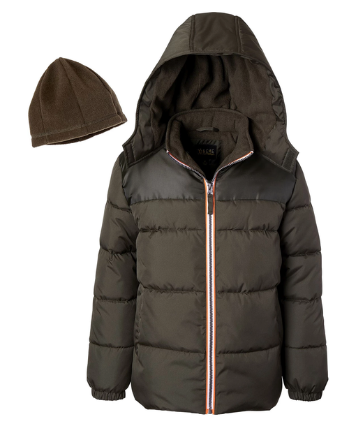 Ixtreme Big Boys Canvas Yoke Puffer Forest Jacket with Fleece Hat Set