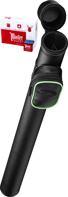 Q-Vault 1x1 Supreme Black w/Green Trim Pool/Billiard Cue Case - Dozen Blue Chalk