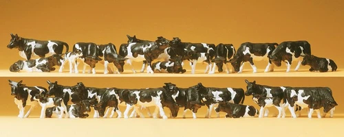 Preiser HO Scale Model Figure/Animal Set - Black/White Holstein Dairy Cows 30-Pk