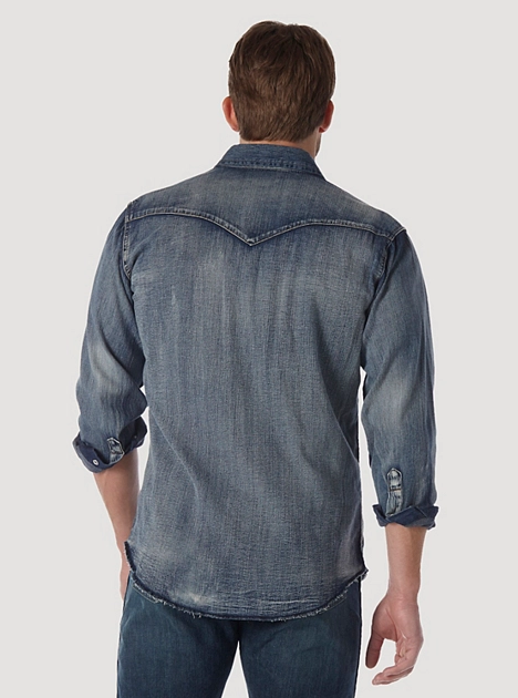 Wrangler Men's Cowboy Cut Long Sleeve Western Denim Snap Work Shirt Antique Blue L