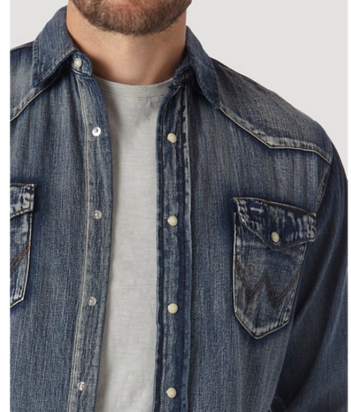 Wrangler Men's Cowboy Cut Long Sleeve Western Denim Snap Work Shirt Antique Blue L