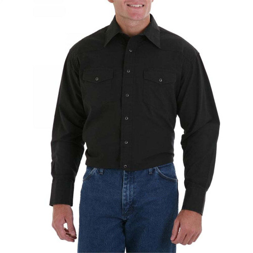 Wrangler Western Men's Long Sleeve Snap Shirt Solid Broadcloth Black Large