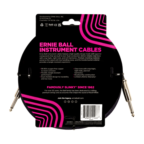Ernie Ball P06397 25' Braided Straight/Straight Instrument Cable - Purple Black