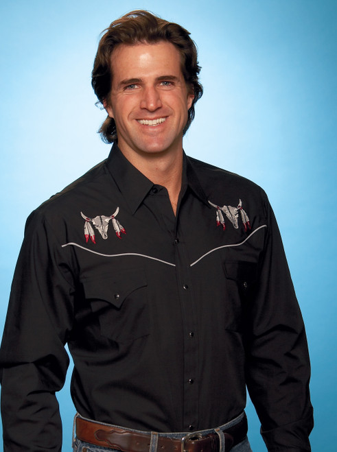 ELY Men's Long Sleeve Black w/Embroidered Bull Skulls Western Shirt