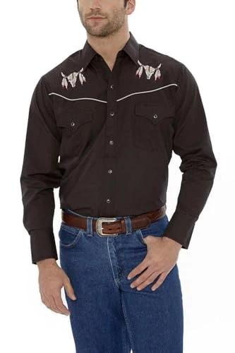 ELY Men's Long Sleeve Black w/Embroidered Bull Skulls Western Shirt