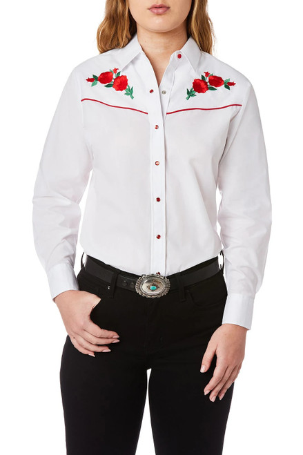 ELY Women's Long Sleeve White w/Embroidered Red Roses Western Shirt