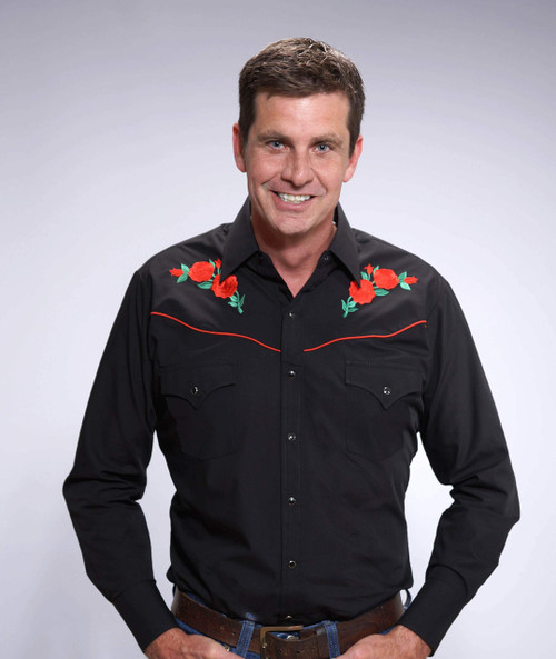 ELY Men's Long Sleeve Black w/Embroidered Red Roses Western Shirt