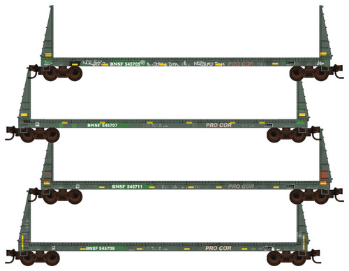 Micro-Trains MTL Z-Scale BNSF/ex-Procor 60ft Bulkhead Flat Cars Weathered 4-Pack