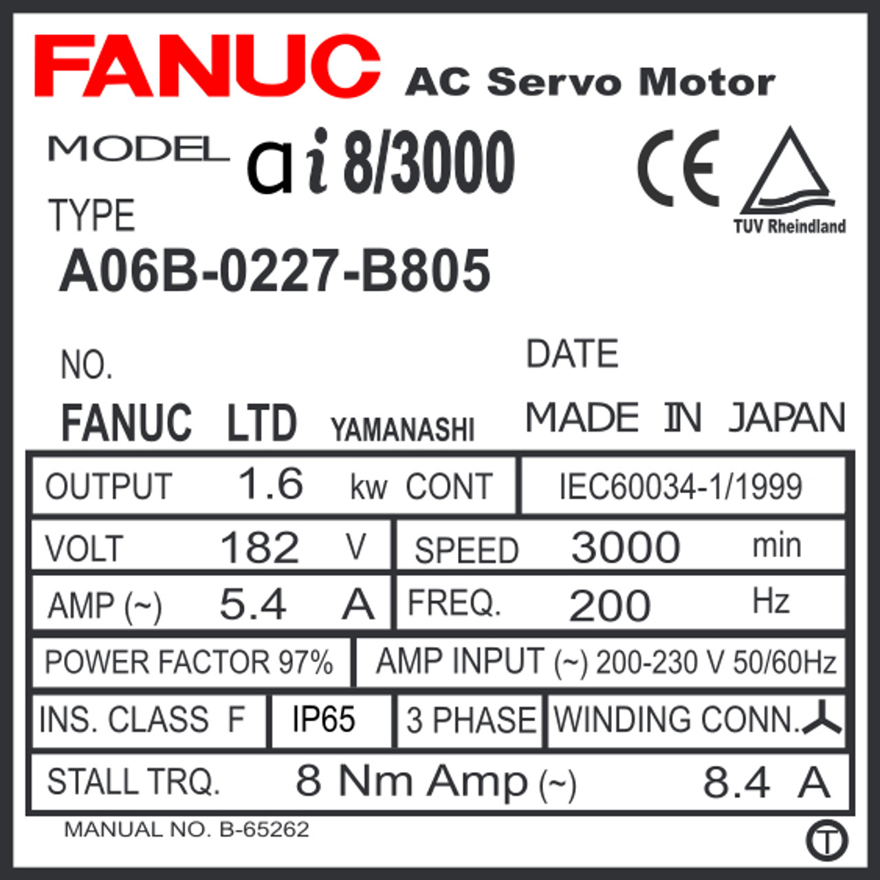 A06B-0227-B805 - AC SERVO MOTOR MDL AiF8/3000, ST, KEY, 90v BRK, a64ia