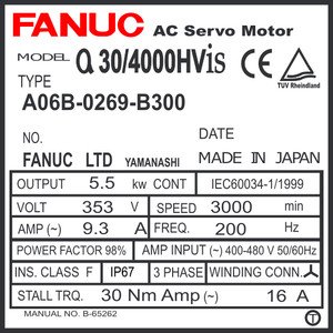 A06B-0269-B300 - AC SERVO MOTOR MDL AiS30/4000HV, TPR, 24v BRK, a1000