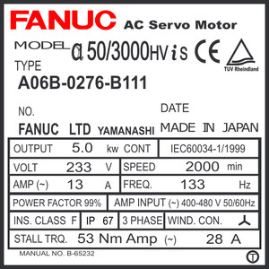 A06B-0276-B111 - AC SERVO MOTOR MDL AiS50/3000HV, ST, SLK, FAN, i1000