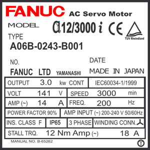 A06B-0243-B001 - AC SERVO MOTOR MDL AiF12/4000, TAPER, i1000
