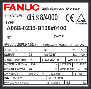 A06B-0235-B100#0100 - SEALED AC SERVO MOTOR MDL AiS8/4000, ST, SLK, a1000