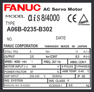 A06B-0235-B302 - AC SERVO MOTOR MDL AiS8/4000, TPR, 24v BRK, a16,000