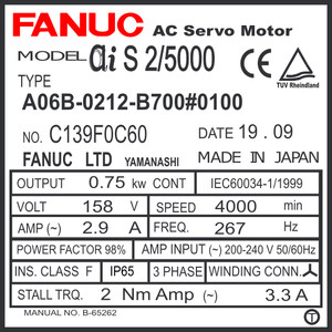 A06B-0212-B700#0100 - AC SERVO MDL AiS2/5000, ST, SLK, 90v BRK, a1000, IP67
