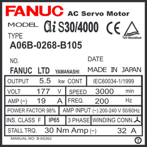A06B-0268-B105 - AC SERVO MOTOR MDL AiS30/4000, ST, SLK, a64ia