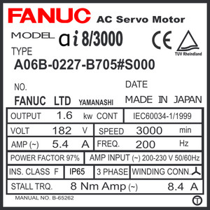 A06B-0227-B705#S000 - AC SERVO MOTOR MDL AiF8/3000, ST, SLK, 90v BRK, a64ia