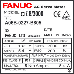 A06B-0227-B805 - AC SERVO MOTOR MDL AiF8/3000, ST, KEY, 90v BRK, a64ia