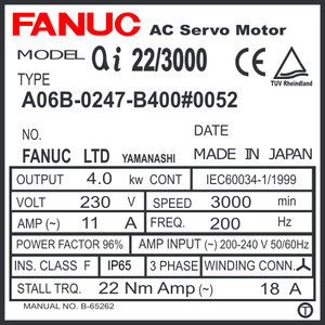 A06B-0247-B400#0052 - AC SERVO MOTOR MDL AiF22/3000, ST, SLK, 24v BRK, a1000