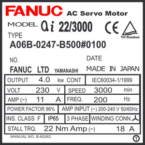 A06B-0247-B500#0100 - SEALED AC SERVO MTR MDL AiF22/3000, ST, KEY, 24v BRK, a1000