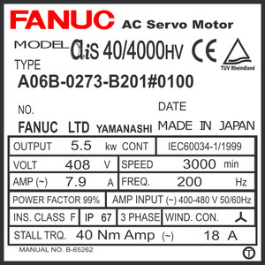 A06B-0273-B201#0100 - SEALED AC SERVO MOTOR MDL AiS40/4000HV, ST, KEY, i1000 A06B-0273-B201#0100 - SEALED AC SERVO MOTOR MDL AiS40/4000HV, ST, KEY, i1000