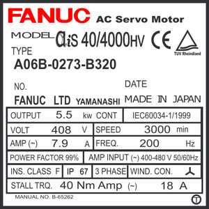 A06B-0273-B320 - AC SERVO MOTOR MDL AiS40/4000HV, TPR, 24v HP BRK, a1000