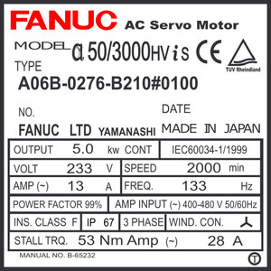 A06B-0276-B210#0100 - AC SERVO MDL AiS50/3000HV, ST, KEY, FAN, a1000, IP67