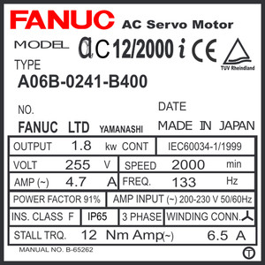 A06B-0241-B400 - AC SERVO MOTOR MDL AC12/2000i, ST, SLK, 24v BRK, a1000 A06B-0241-B400 - AC SERVO MOTOR MDL AC12/2000i, ST, SLK, 24v BRK, a1000