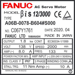 A06B-0078-B604#S000 - AC SERVO MDL BiS12/3000, TPR, 90v BRK, b128ia