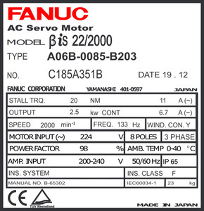 A06B-0085-B203 - AC SERVO MDL BiS22/2000, ST, KEY, b128ia A06B-0085-B203 - AC SERVO MDL BiS22/2000, ST, KEY, b128ia