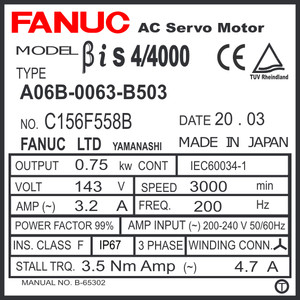 A06B-0063-B503 - AC SERVO MDL BiS4/4000, ST, KEY, 24v BRK, b128ia A06B-0063-B503 - AC SERVO MDL BiS4/4000, ST, KEY, 24v BRK, b128ia