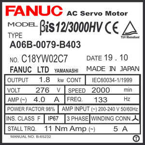 A06B-0079-B403 - AC SERVO MDL BiS12/3000HV, ST, SLK, 24v BRK, b128ia