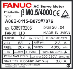 A06B-0115-B075#7076 - AC SERVO MDL BM0.5/4000, ST, KEY, bA64b, IP67