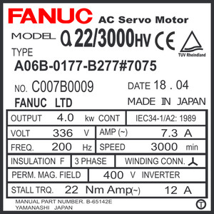 A06B-0177-B277#7075 - AC SERVO MDL A22/3000HV, ST, SLK, 24v BRK, i64, IP67