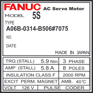A06B-0314-B506#7075 - AC SERVO MDL 5S, ST, SLK, 3000P INC, IP67