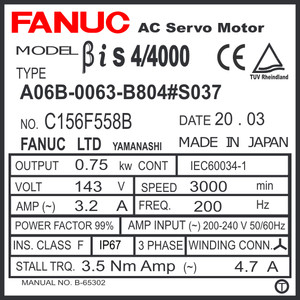 A06B-0063-B804#S037 - AC SERVO MDL,BIS4/400, ST, KEY, 90V BRK, B128ia