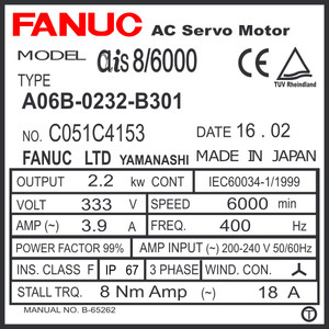 A06B-0232-B301 - AC SERVO MOTOR MDL AiS8/6000, TPR, 24v BRK, i1000
