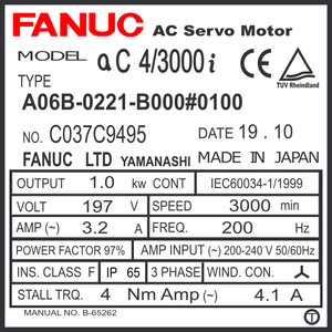 A06B-0221-B000#0100 - AC SERVO MOTOR MDL AC4/3000i, TPR, a1000, IP67 A06B-0221-B000#0100 - AC SERVO MOTOR MDL AC4/3000i, TPR, a1000, IP67