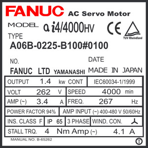 A06B-0225-B100#0100 - AC SERVO MOTOR MDL AiF4/5000HV, ST, SLK, a1000, IP67