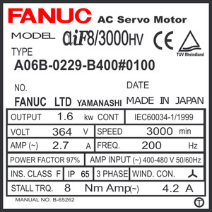 A06B-0229-B400#0100 - AC SERVO MDL AiF8/3000HV, ST, SLK, 24v BRK, a1000, IP67