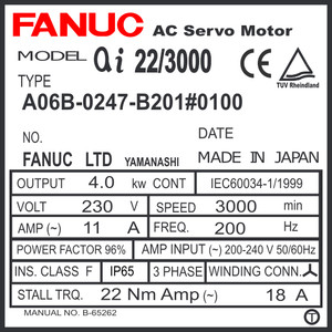 A06B-0247-B201#0100 - SEALED AC SERVO MOTOR MDL AiF22/3000, ST, KEY, i1000