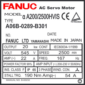 A06B-0289-B301 - AC SERVO MOTOR MDL AiS200/2500HV, TPR, 24v BRK, i1000